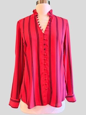 Express Portofino Pink Magenta Black Striped Ruffle Collar Button Front Blouse S